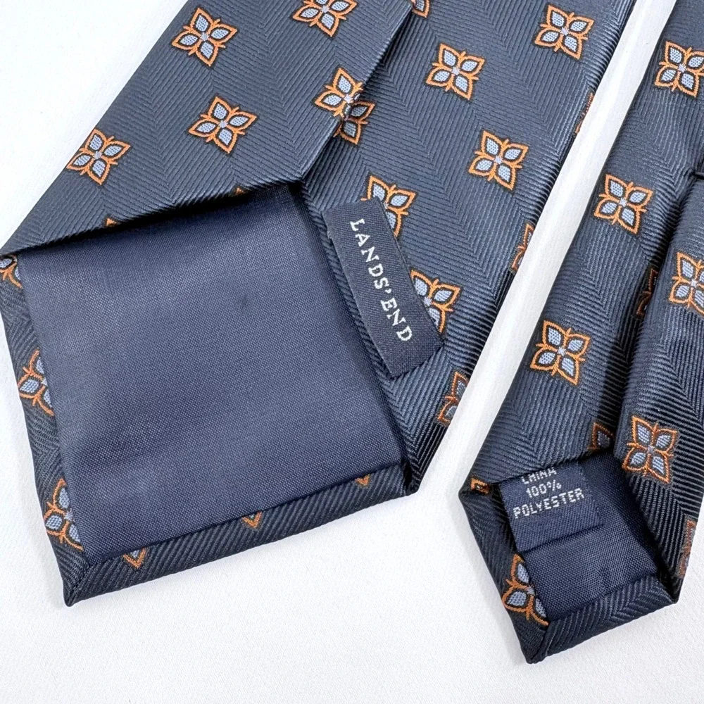 Lands' End Necktie Navy Blue Orange Geometric Medallion Herringbone Polyeser Tie